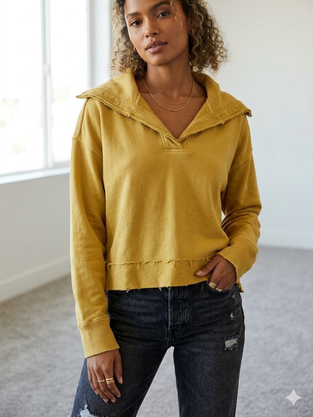 C + C California Mustard V-Neck Pullover Hoodie for Women